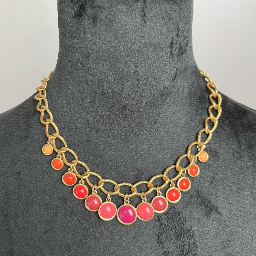 Talbots Bib Necklace Cabochon Gold-Tone Chain Drop Charms Pink Orange Yellow